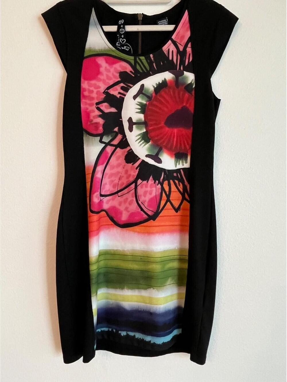 Desigual Black & Colorful Abstract Floral Sleeveless Dress Women's Size Small